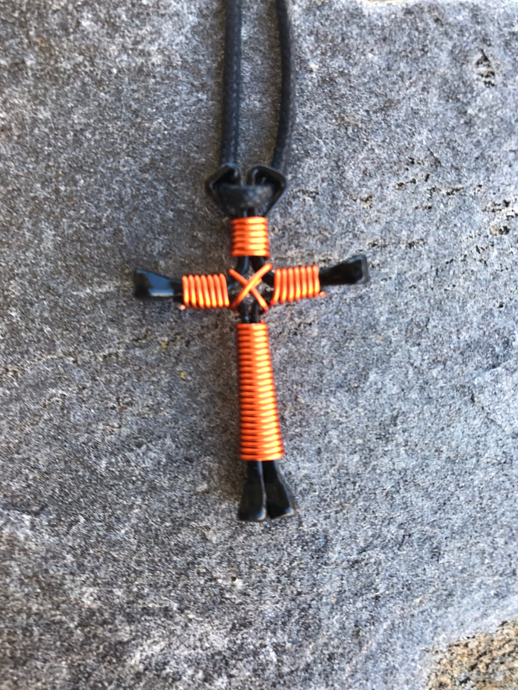 Orange Horseshoe Nail Cross Necklace With Black Nails