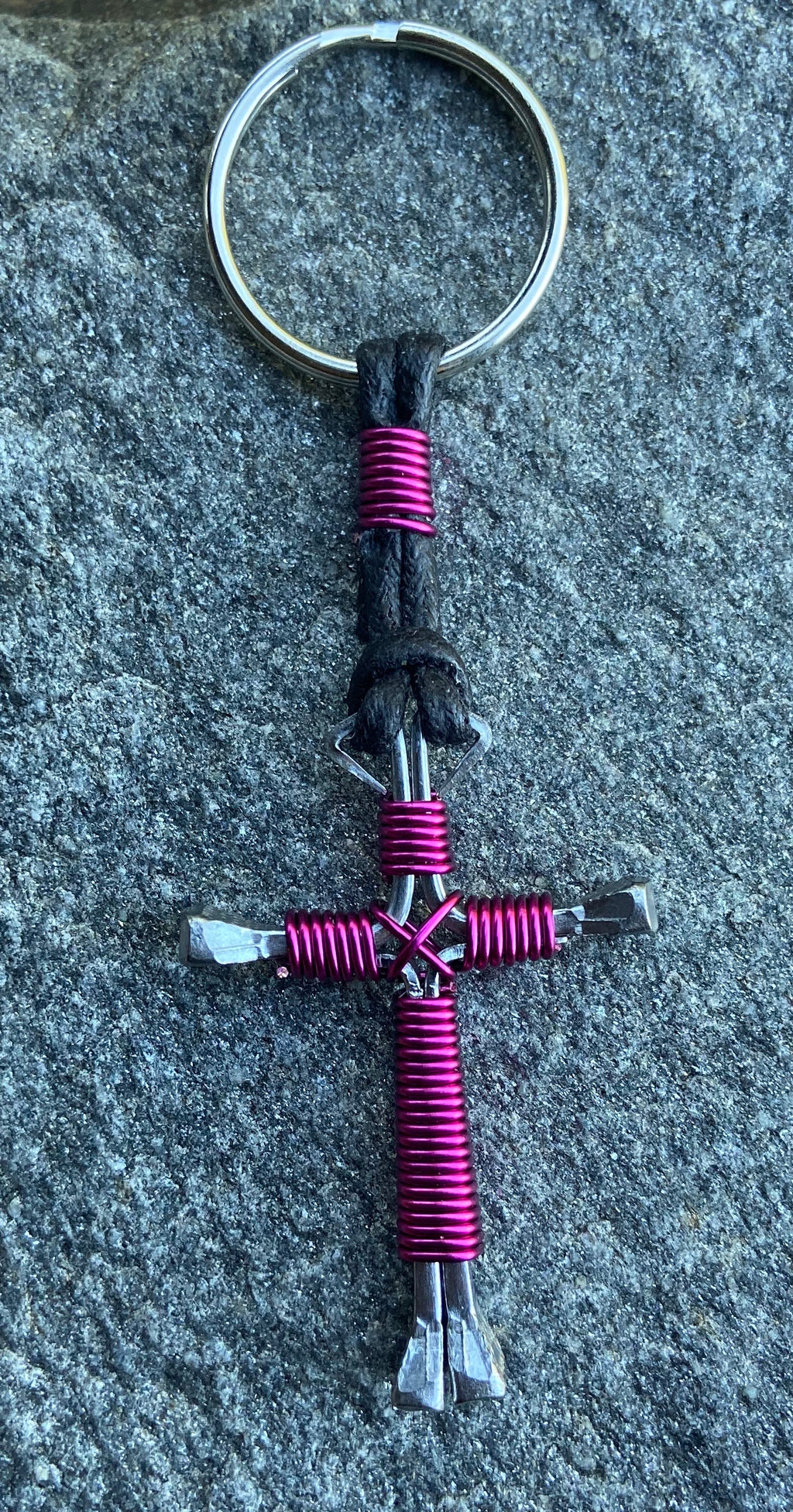 Magenta Horseshoe Nail Cross Keychain