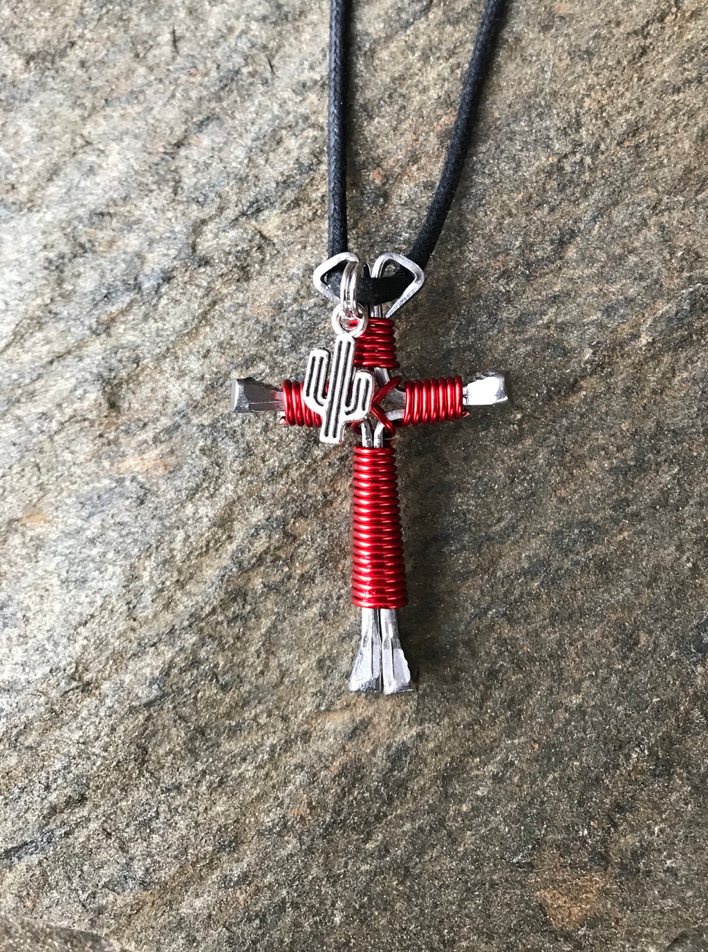 Red Horseshoe Nail Cross Necklace with Cactus Charm