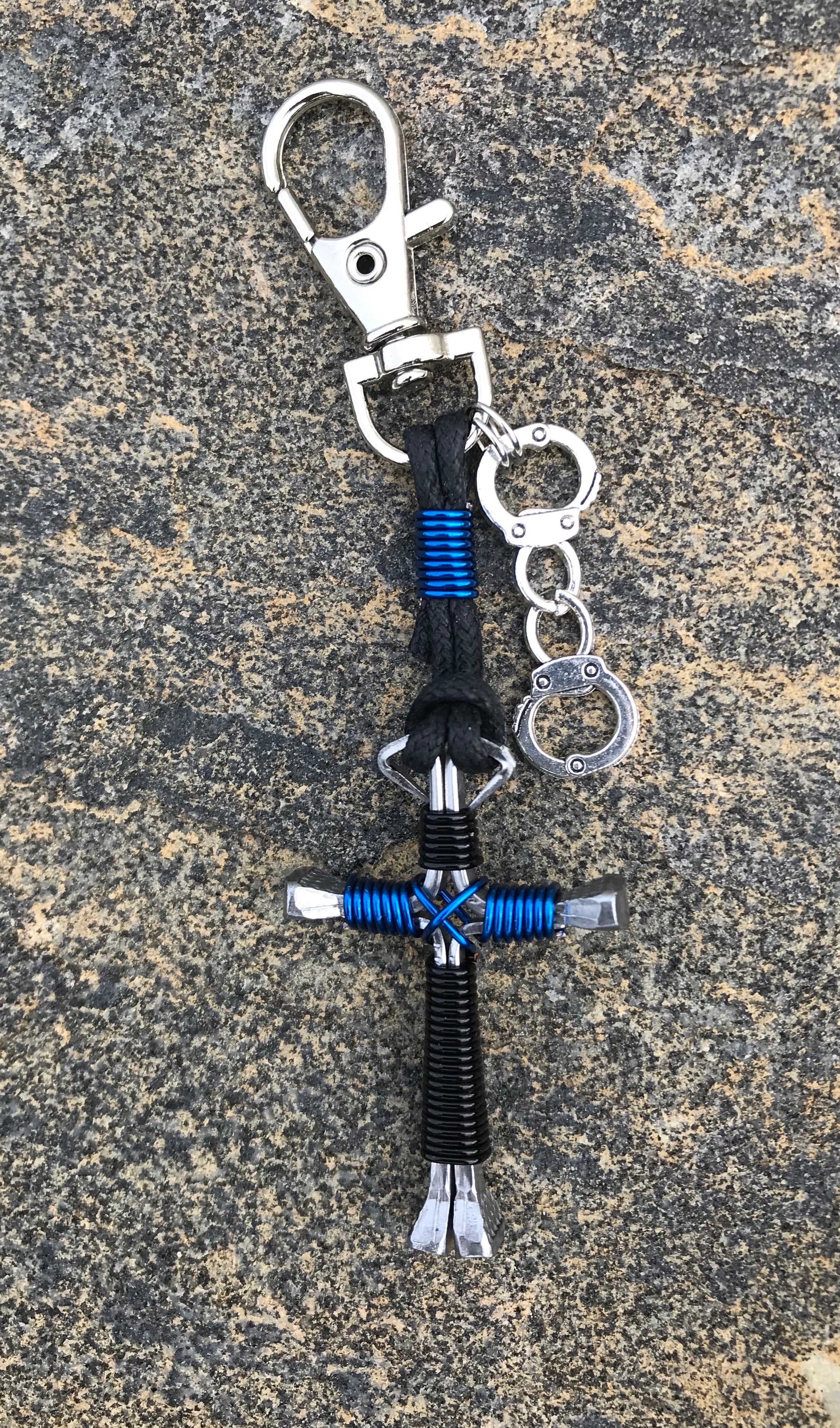 JJ's Crosses Key Chain Clip with Handcuff Charm ~ Black/Blue Horseshoe Nail Cross (Great for Policeman)