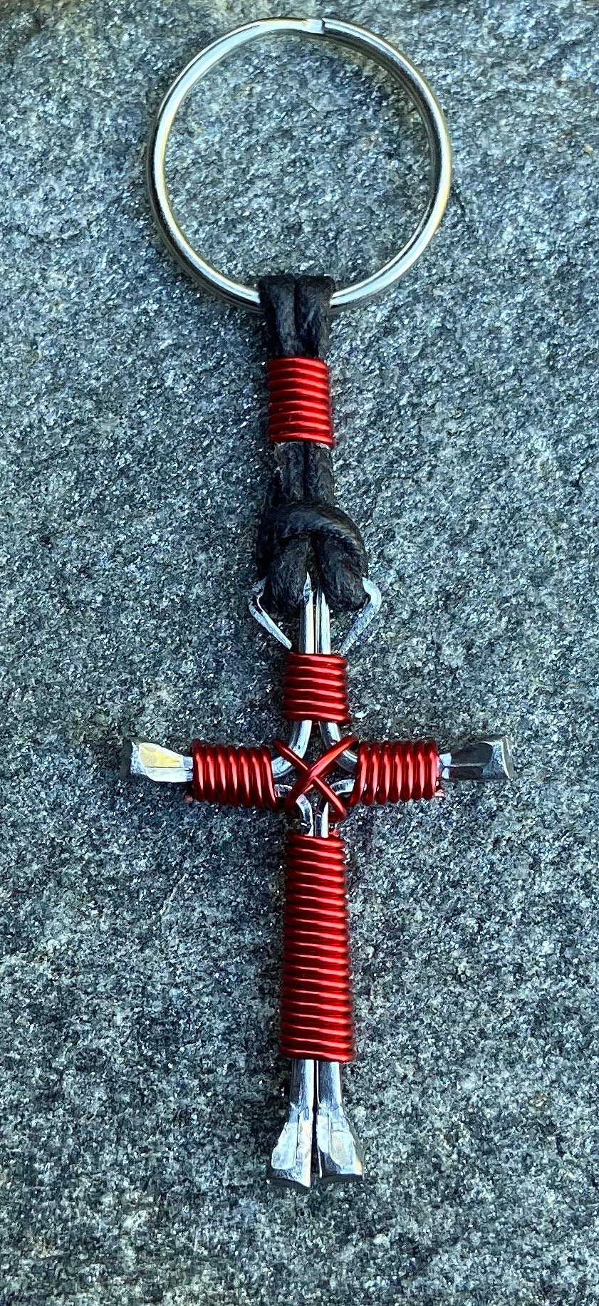 JJ's Crosses Red Horseshoe Nail Cross Keychain