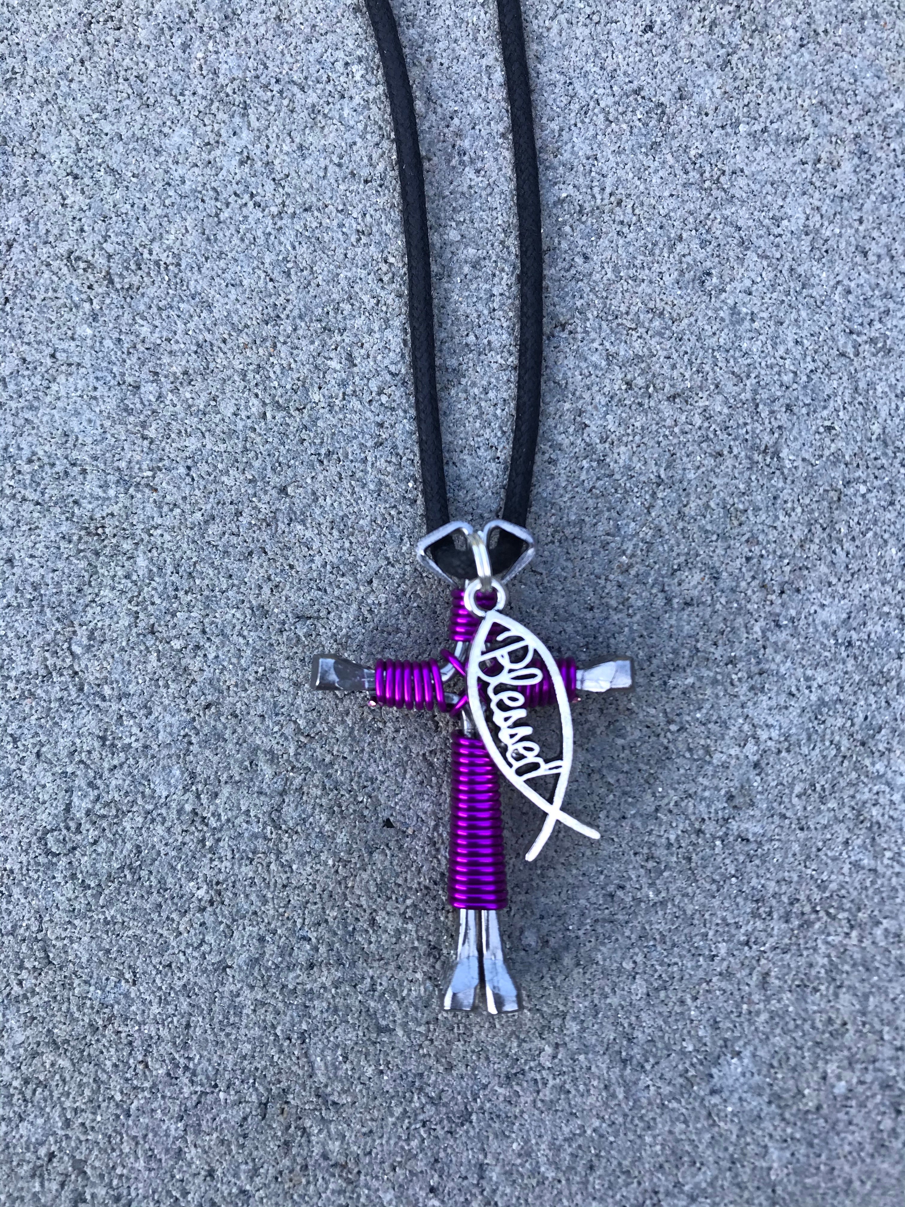 Purple Cross Necklace with Blessed Charm Handmade of 4 Horseshoe Nails