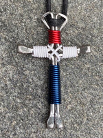 American Patriotic Red/White/Blue Horseshoe Nail Cross Necklace