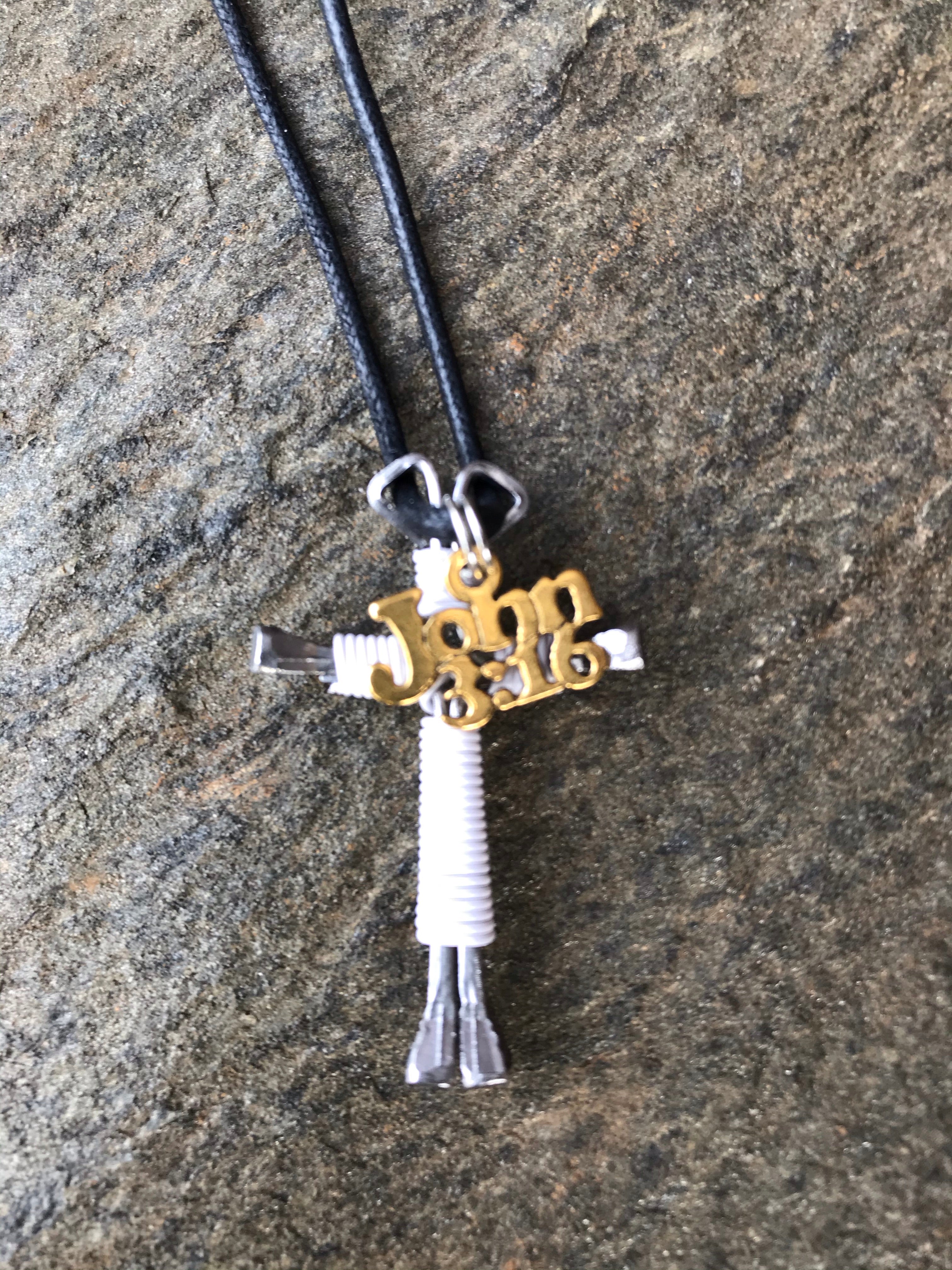 White Horseshoe Nail Cross Necklace with John 3:16 Charm