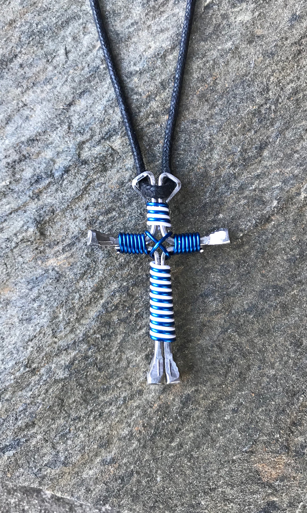 Blue/White Intertwined Horseshoe Nail Cross Necklace