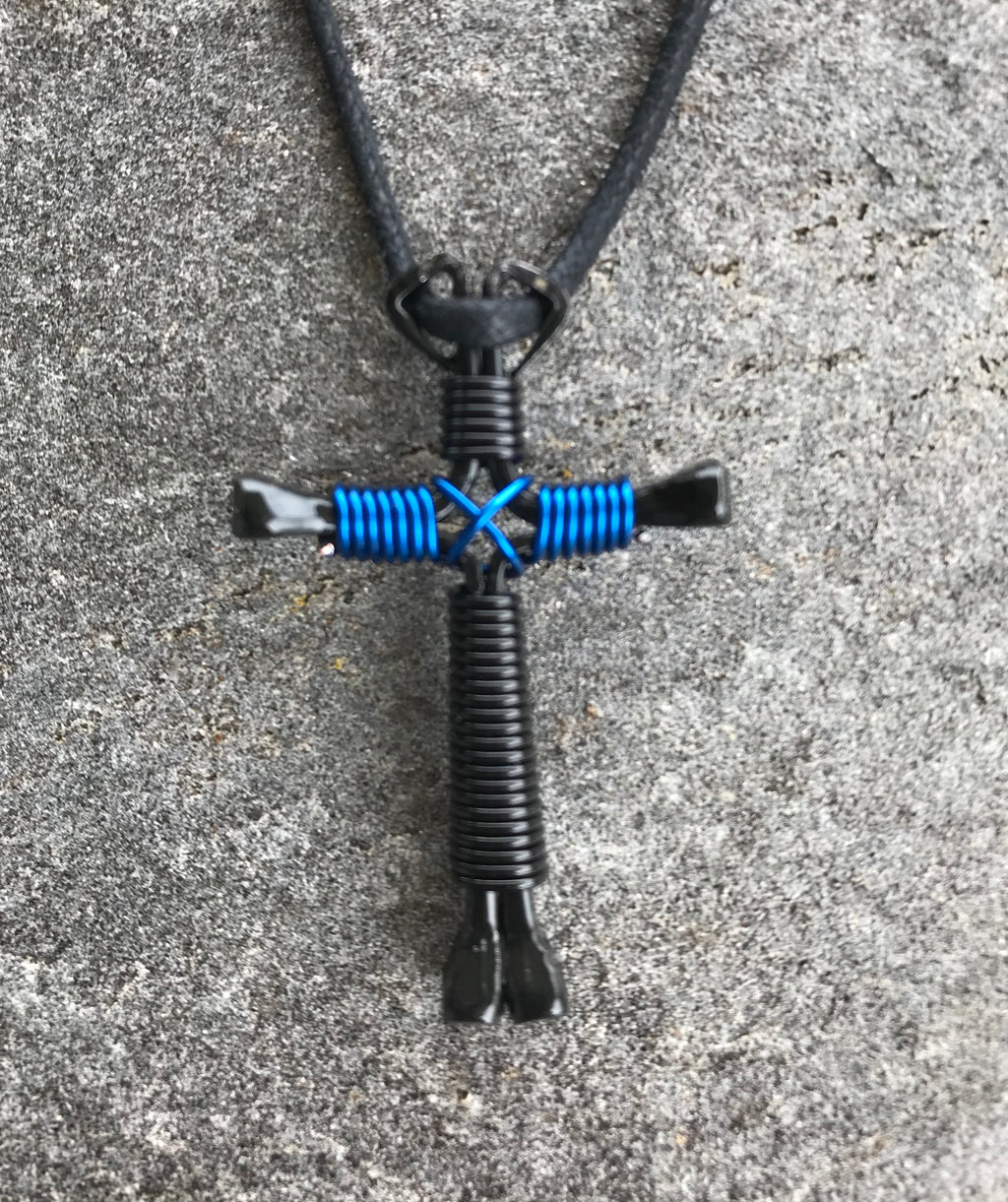 Black/Blue Horseshoe Nail Cross Necklace With Black Nails (Great for Policeman)