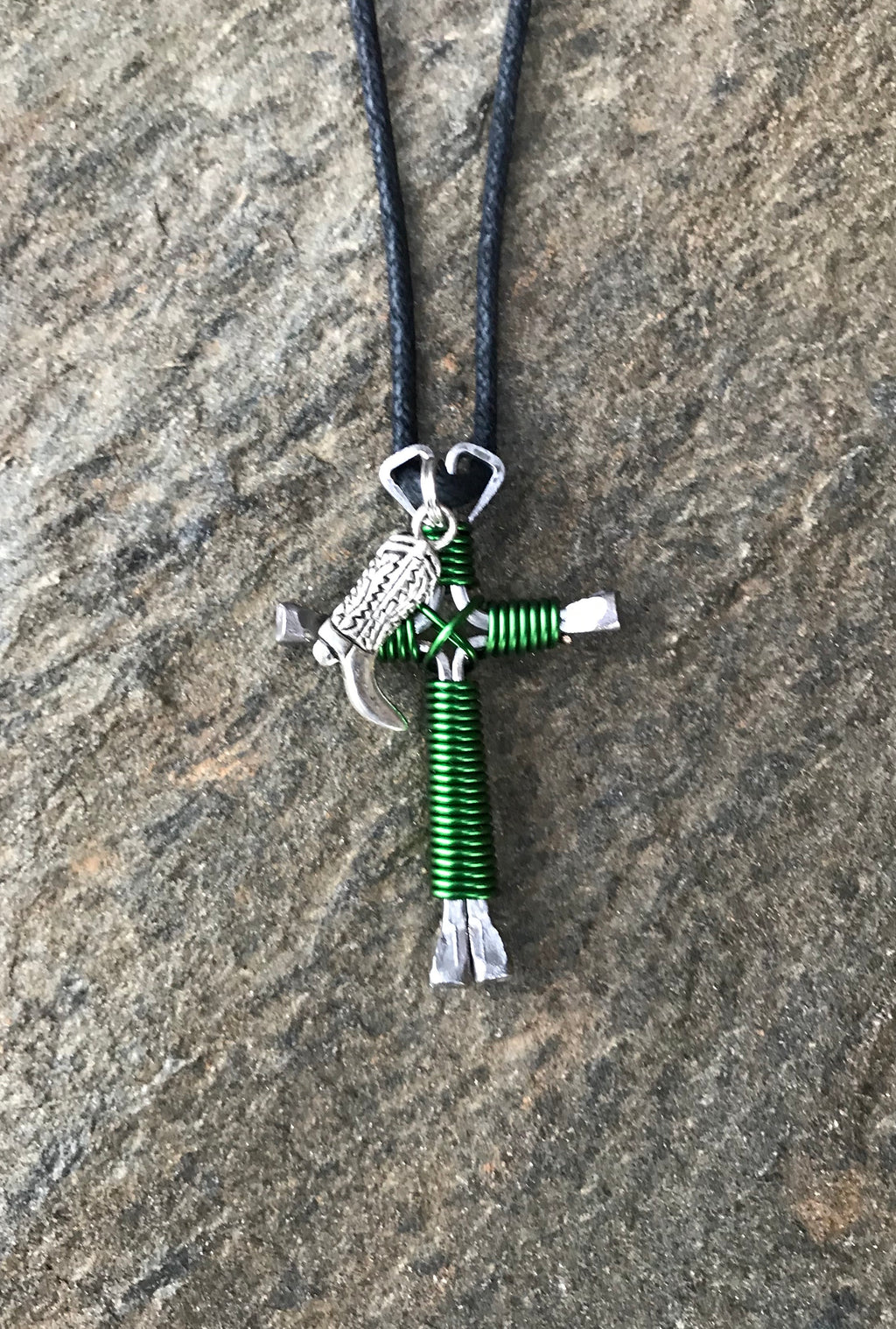 Western Style Green Horseshoe Nail Cross Necklace with Boot Charm