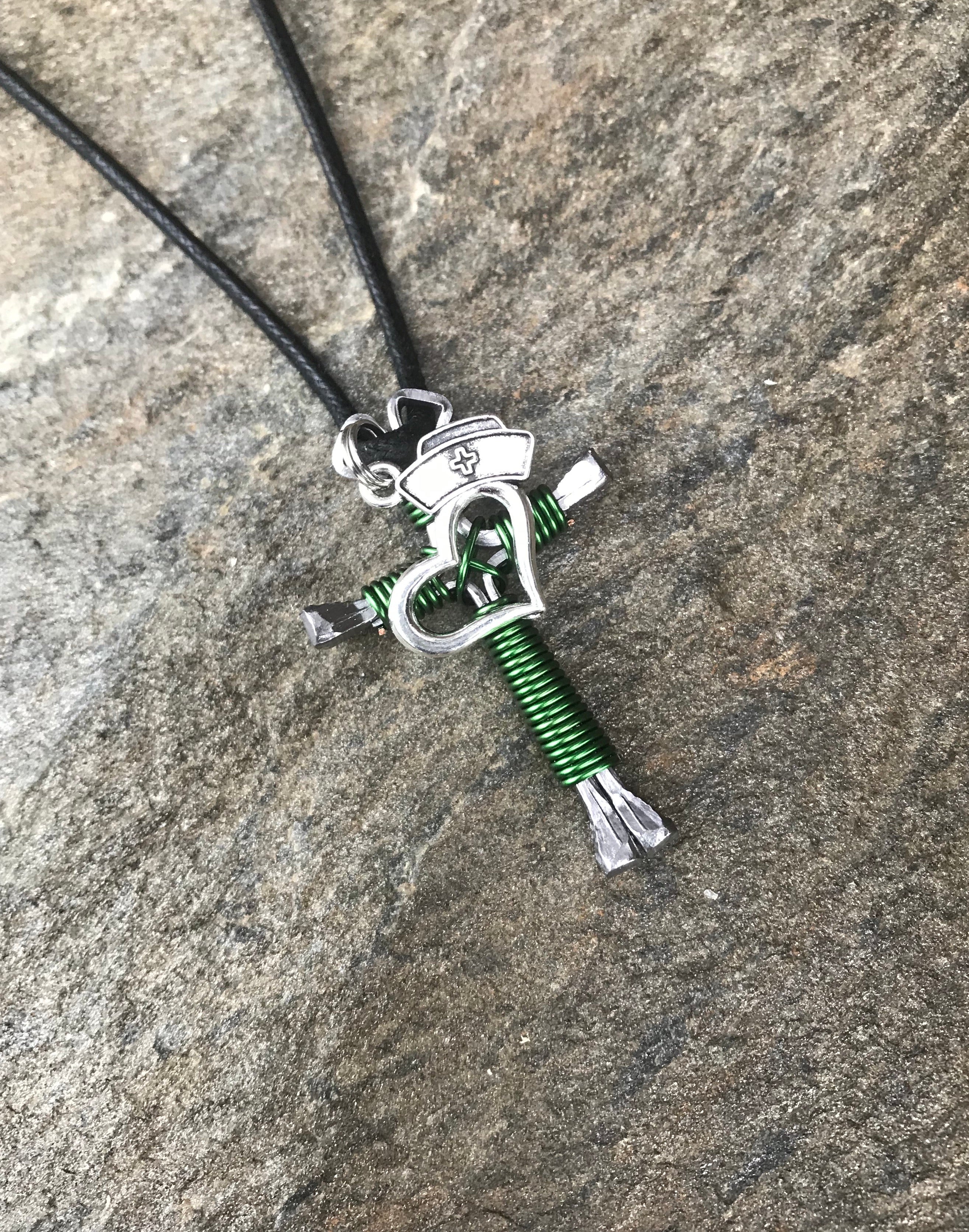 Green Horseshoe Nail Cross Necklace with Nurse Charm