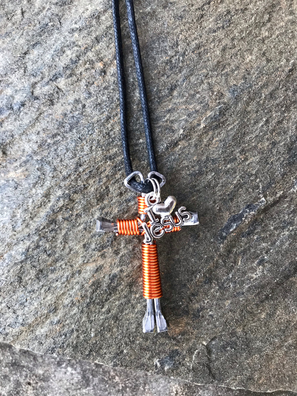 Orange Horseshoe Nail Cross Necklace with I Love Jesus Charm