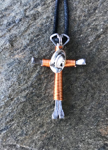 Copper Horseshoe Nail Cross Necklace with Hat Charm