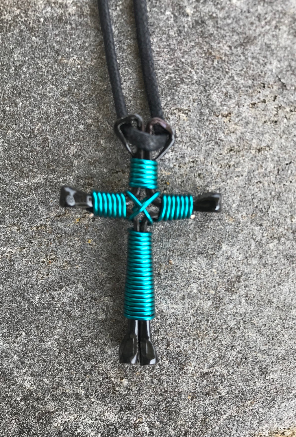 Blue - Peacock Horseshoe Nail Cross Necklace With Black Nails