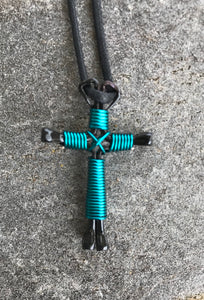 Blue - Peacock Horseshoe Nail Cross Necklace With Black Nails