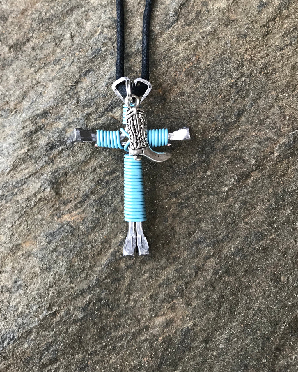 Blue - Sky Horseshoe Nail Cross Necklace with Boot Charm