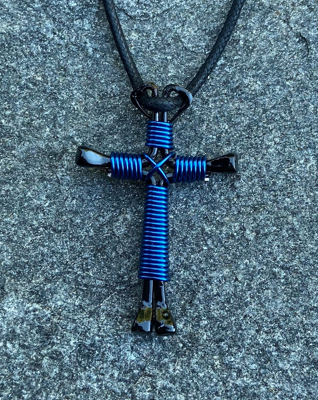 Blue - Royal Horseshoe Nail Cross Necklace With Black Nails