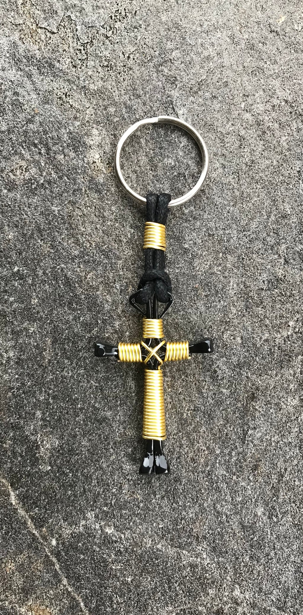 Yellow Horseshoe Nail Cross Keychain with Black Nails